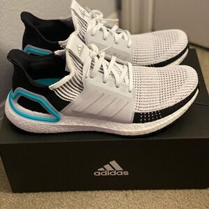 Adidas Ultra Boost White and Black Sneakers with Blue Trim